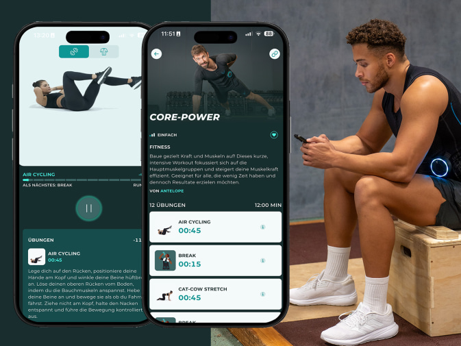 Mężczyzna robi przerwę od treningu EMS z aplikacją treningową Antelope.