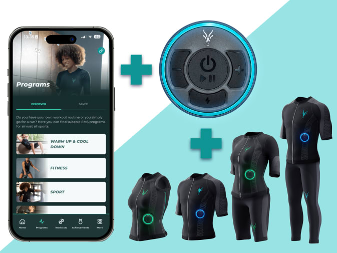 An illustration of the Antelope Go app, the Antelope EMS textiles and the Antelope Booster.