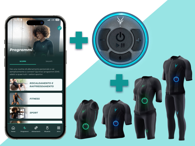 Viene mostrata la tecnologia EMS di Antelope con abbigliamento, app e Booster EMS.