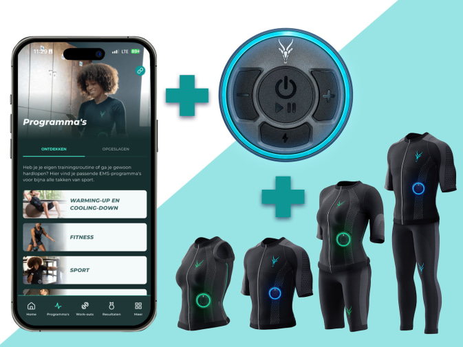 De EMS-technologie van Antelope met EMS-kleding, app en Booster wordt getoond.