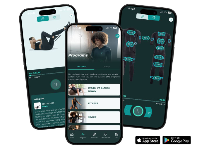 Screenshots show excerpts from the Antelope Go app for training with the EMS suit.
