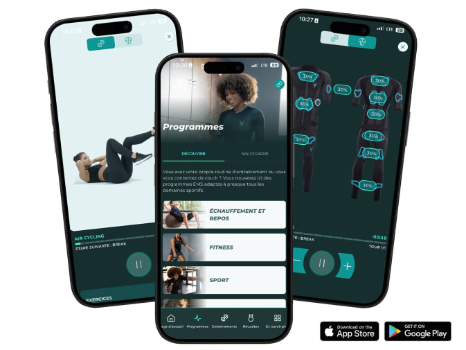 3 captures d'écran de l'application Antelope Go sont visibles sur des smartphones noirs. A côté des catégories de programmes, on peut voir le contrôle des intensités et la description du programme "Force maximale - Base".
