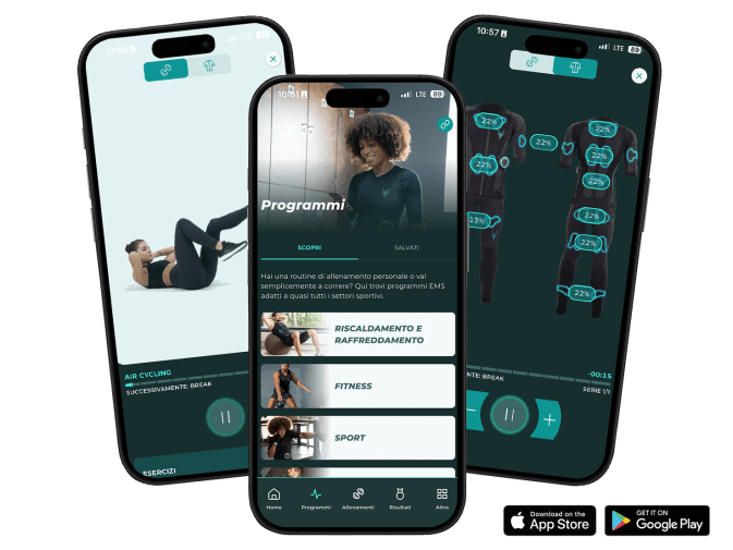3 schermate dell'app Antelope Go sono visibili sugli smartphone neri. Oltre alle categorie dei programmi, si possono vedere i controlli dell'intensità e la descrizione del programma "Forza massima - base".