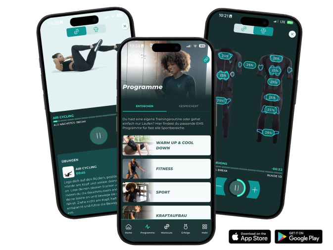 Drei Screenshots der Antelope Go App für das EMS Training sind auf Smartphones zu sehen.
