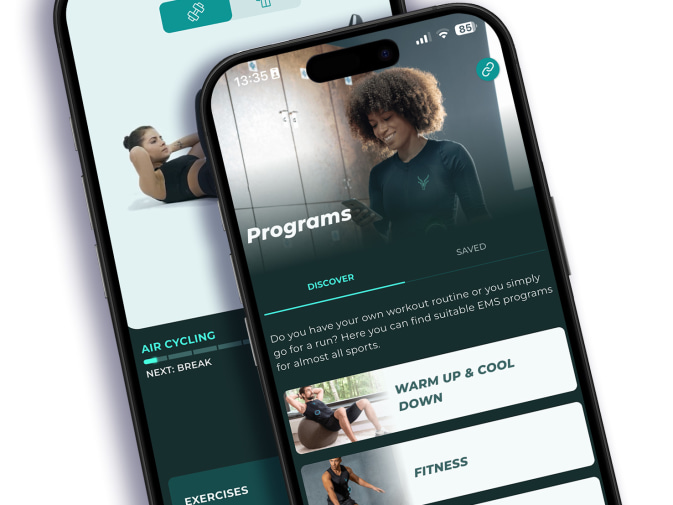 The EMS programmes of the Antelope Go app can be seen on a black smartphone.