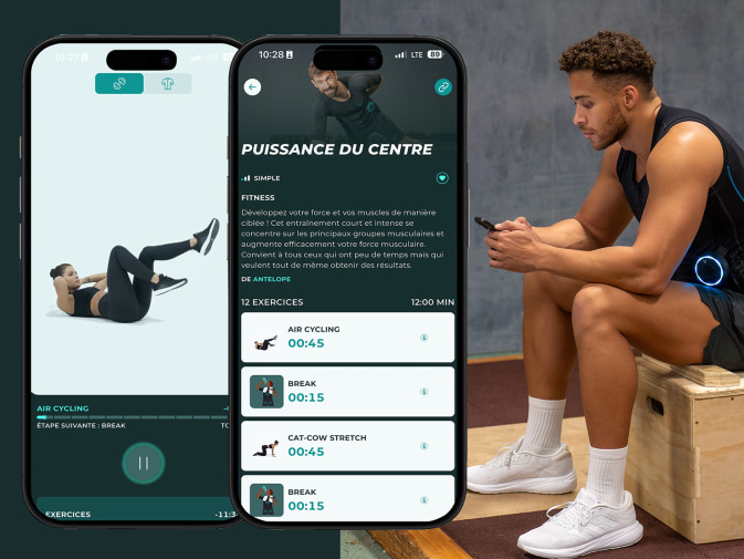 Un homme fait une pause après son entraînement EMS avec l’application Antelope.