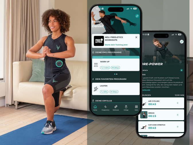 Eine junge Frau, trainiert Zuhause mit dem EMS-Anzug von Antelope. Neben ihr sind zwei Screens der Antelope App zu sehen.