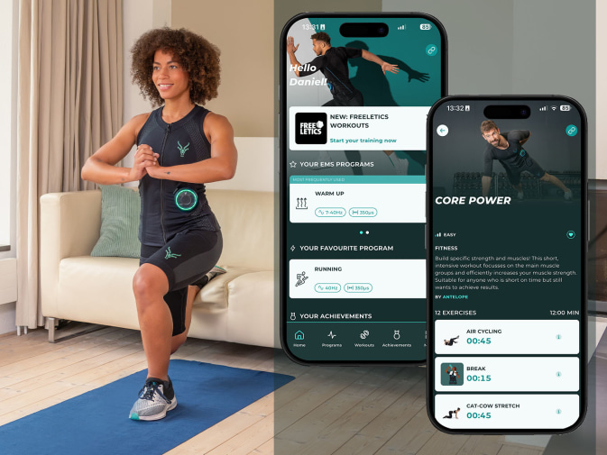 A young woman trains at home with the Antelope EMS suit. Two screens of the Antelope app can be seen next to her.