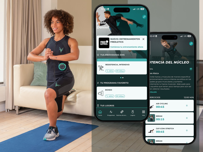 Una joven entrena en casa con el traje Antelope EMS. Junto a ella se ven dos pantallas de la aplicación Antelope.