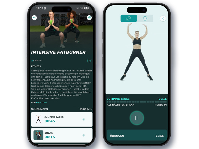 Eine Grafik, welche zwei Bildschirme mit der Antelope Go App und dem Fatburn-Programm zeigt ist zu erkennen.