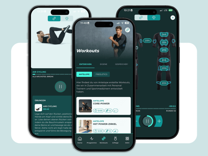 Drei Screenshots der Antelope Go App für das EMS Training sind auf Smartphones zu sehen.
