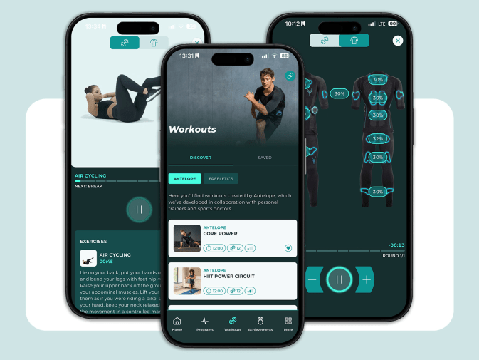 3 screenshots of the Antelope Go app can be seen on black smartphones.