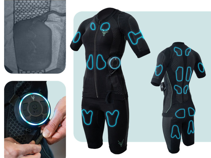 Eine Kollage an Bildern. Man sieht auf der linken Seite eine Elektrode und den Antelope Booster. Auf der rechten Seite wird der Antelope EMS -Anzug mit Shorts von der Vorder- und Rückseite gezeigt. Hier werden die Elektroden gehighlightet.
