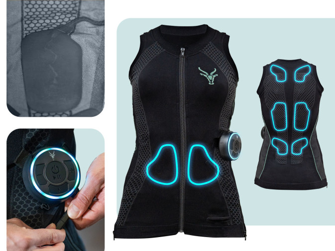 Eine Kollage an Bildern. Man sieht auf der linken Seite eine Elektrode und den Antelope Booster. Auf der rechten Seite wird das EMS Tank-Top für Frauen von der Vorder- und Rückseite gezeigt. Hier werden die Elektroden gehighlightet.