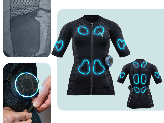 Here is a collage of pictures showing an electrode, the Antelope booster and the Antelope EMS shirt.  The electrodes are highlighted on the front and back of the shirt.