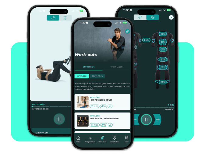Drie schermen van de Antelope Go app