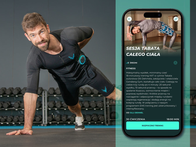 Olli Dehmel wykonuje pompkę na jednej ręce. Ma na sobie kombinezon EMS marki Antelope. Obok niego widoczny jest ekran aplikacji pokazujący jego trening.