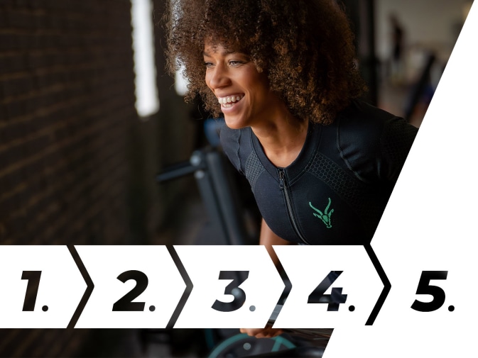 Eine Frau führt gut gelaunt ein Workout im Gym. In der unteren Hälfte des Bildes stehen Zahlen von 1 bis 5.