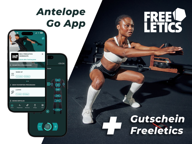 Eine Frau führt eine Kniebeute im Gym durch. Links oben sieht man das Freeletics Logo, links unten steht "Plus Gutschein Freeletics". Rechts sieht man zwei Screens der Antelope Go App.