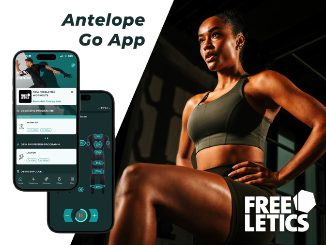 Eine Frau führt einen Ausfallschritt im Gym durch. Links unten sieht man das Freeletics Logo. Rechts sieht man zwei Screens der Antelope Go App.