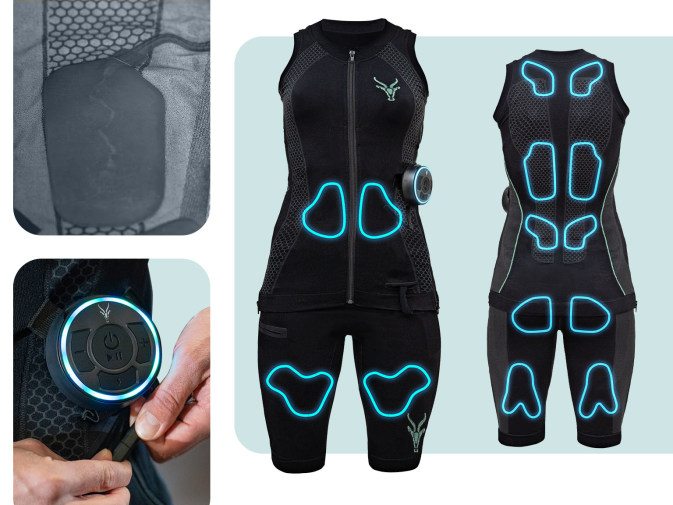 Eine Kollage an Bildern. Man sieht auf der linken Seite eine Elektrode und den Antelope Booster. Auf der rechten Seite wird der Antelope EMS -Anzug mit Shorts von der Vorder- und Rückseite gezeigt. Hier werden die Elektroden gehighlightet.