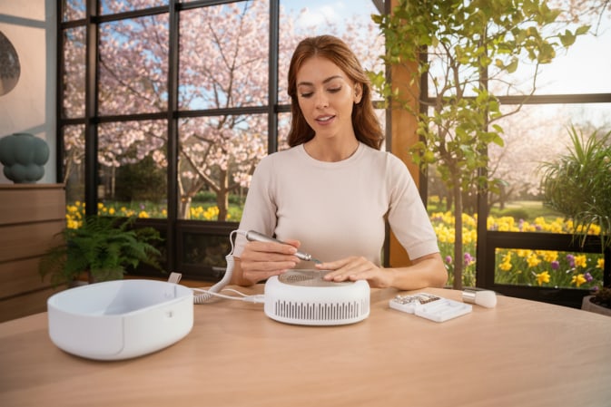 Frau mit gepflegten Händen öffnet Flasche – Fokus auf Maniküre & Pflege