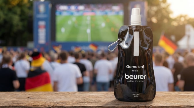 Schwarze Trinkflasche mit Aufdruck „Game on! with beurer“ im Vordergrund, dahinter verschwommene Fanmenge mit Deutschlandflaggen beim Public Viewing eines Fußballspiels.