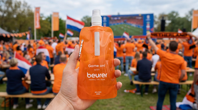 Oranje supporter houdt een oranje Beurer-drinkzak omhoog op een druk fanfeest in de buitenlucht, met juichende menigte in oranje shirts, Nederlandse vlaggen en groot scherm op de achtergrond.