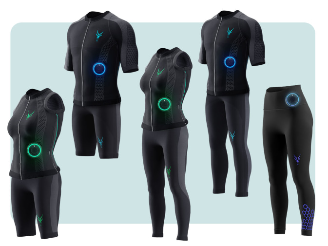 Various combinations of the EMS shirt, EMS tank top, EMS shorts, and EMS leggings are shown. On the right are the EMS high-waisted leggings.