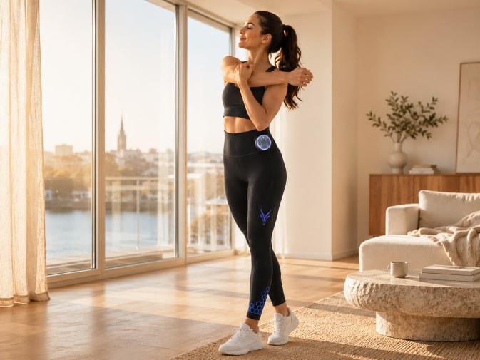 A woman is standing by the window, stretching her arms. She is wearing the EMS High Waist Leggings by Antelope