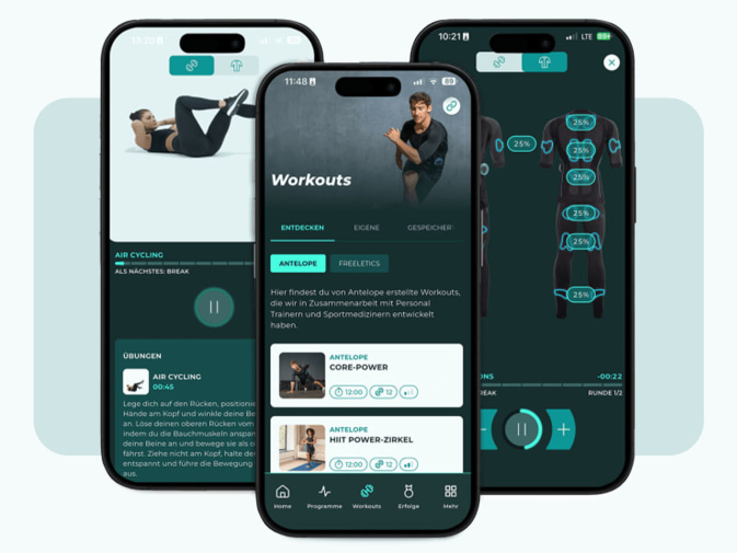 Drei Screenshots der Antelope Go App für das EMS Training sind auf Smartphones zu sehen.