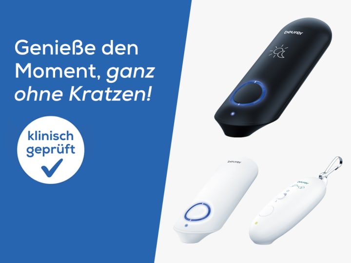 Homepage Teaser "Genieße den Moment, ganz ohne Kratzen!" mit Produktbildern von den Beurer Insektenstichheiler BR 10, BR 60 und BR 90