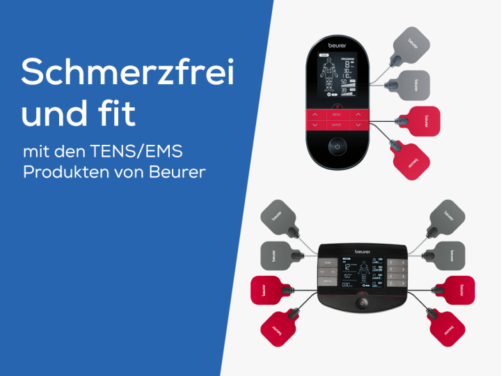 Homepage Teaser "Schmerzfrei & Fit - mit den TENS/EMS Produkten von Beurer" mit Produktbildern von zwei Beurer TENS/EMS Geräten
