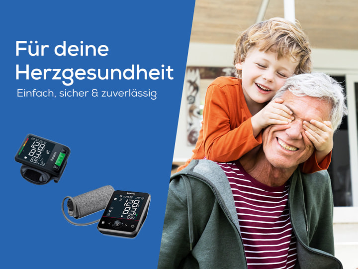 Homepage Teaser "Für deine Herzgesundheit - Einfach, sicher & zuverlässig" mit Produktbildern von zwei Beurer Blutdruckmessgeräten