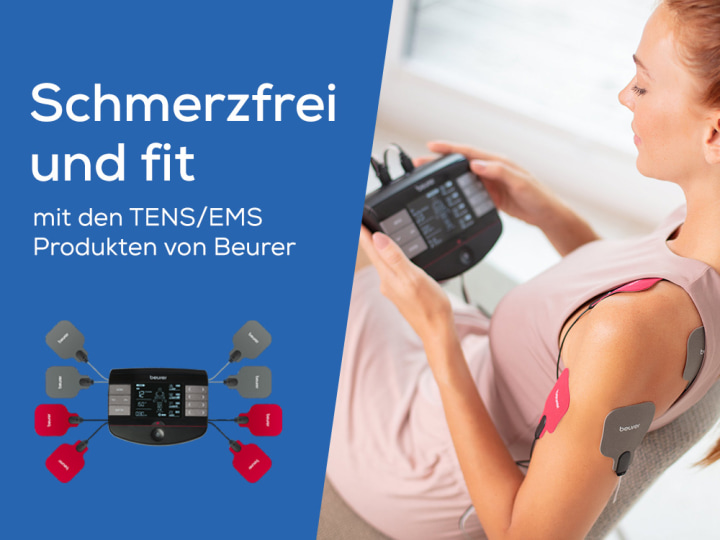 Homepage Teaser "Schmerzfrei & Fit - mit den TENS/EMS Produkten von Beurer" mit Produktbildern von zwei Beurer TENS/EMS Geräten