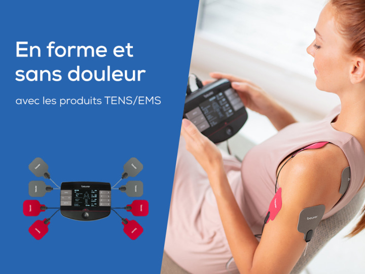 Page d'accueil Teaser "En forme et sans douleur - avec les produits TENS/EMS de Beurer" avec des images de produits de deux appareils TENS/EMS de Beurer