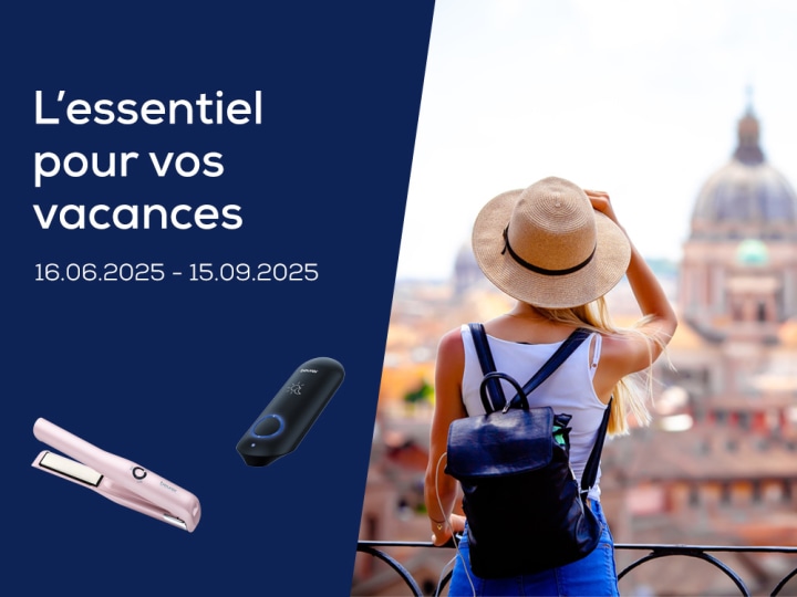 Page d'accueil Teaser "L'essentiel pour vos vacances - 16.05.2025 - 15.09.2025" avec des images de produits de deux appareils Beurer : Appareil de massage des pieds et Éliminateur d'échardes