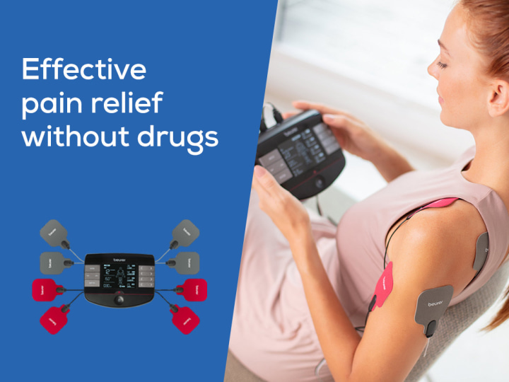 Homepage teaser "Effective pain relief without drugs" shows EM 59 and EM 89 from Beurer