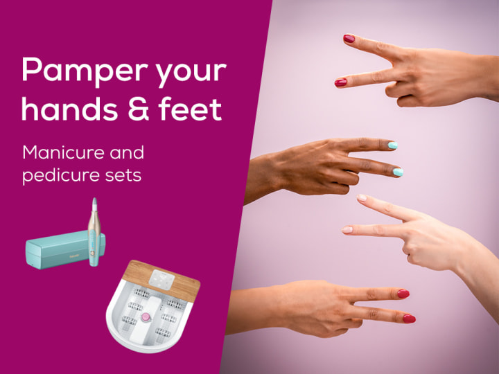 Homepage teaser "Radiant nails for summer - Manicure and pedicure sets" with product images of a footh bath and two manicure/pedicure devices