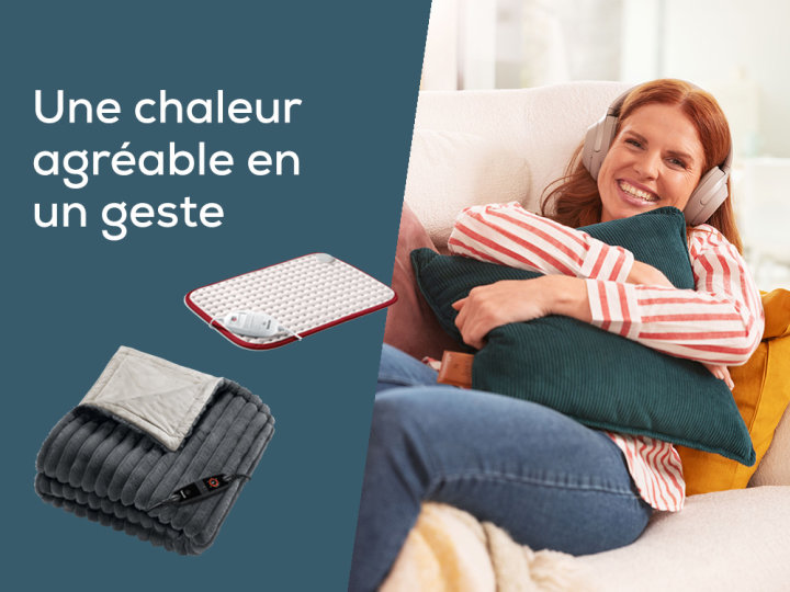 Page d'accueil Teaser "Une chaleur agréable en un geste" avec des images de produits Beurer : Couvertures chauffantes et appareils de chaleur