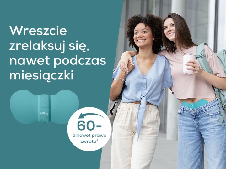 Teaser strony głównej kampanii Menstrual Relax ze zdjęciami dwóch podpasek Beurer Menstrual Relax EM 50 i EM 55.