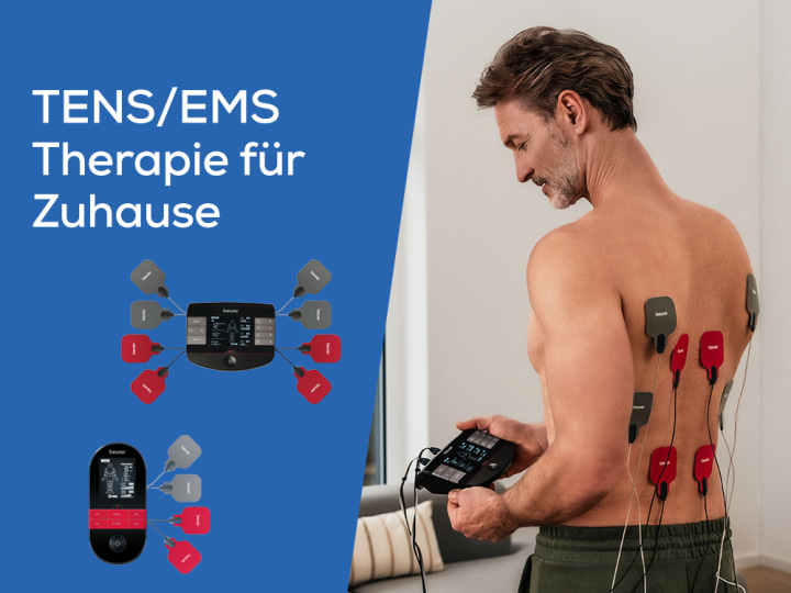 Homepage Teaser "Schmerzfrei & Fit - mit den TENS/EMS Produkten von Beurer" mit Produktbildern von zwei Beurer TENS/EMS Geräten