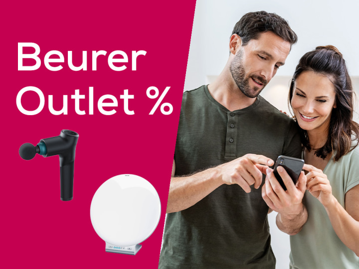 Bannière promotionnelle Beurer Outlet : un couple regarde un smartphone, suggérant des offres et réductions.