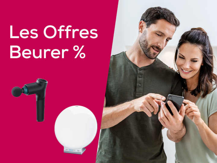 Bannière promotionnelle Beurer Outlet : un couple regarde un smartphone, suggérant des offres et réductions.