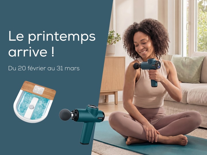 Page d'accueil Teaser "Le printemps arrive !" avec des images de produits Beurer : Bain bouillonnant pour les pieds et pistolet de massage