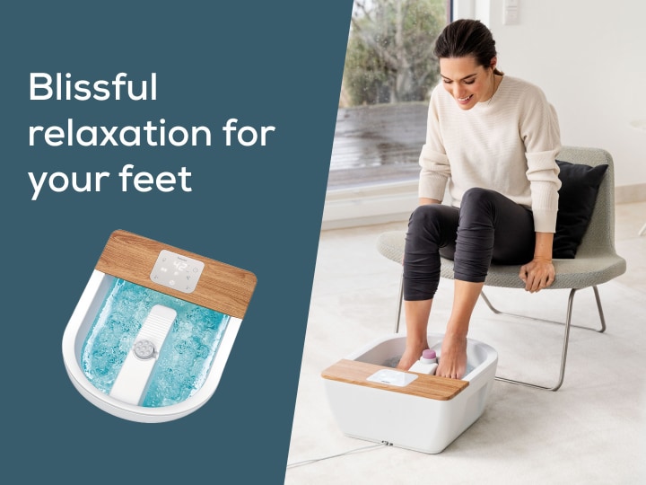 Homepage teaser "Blissful relaxation for your feet" shows FB 65 from Beurer