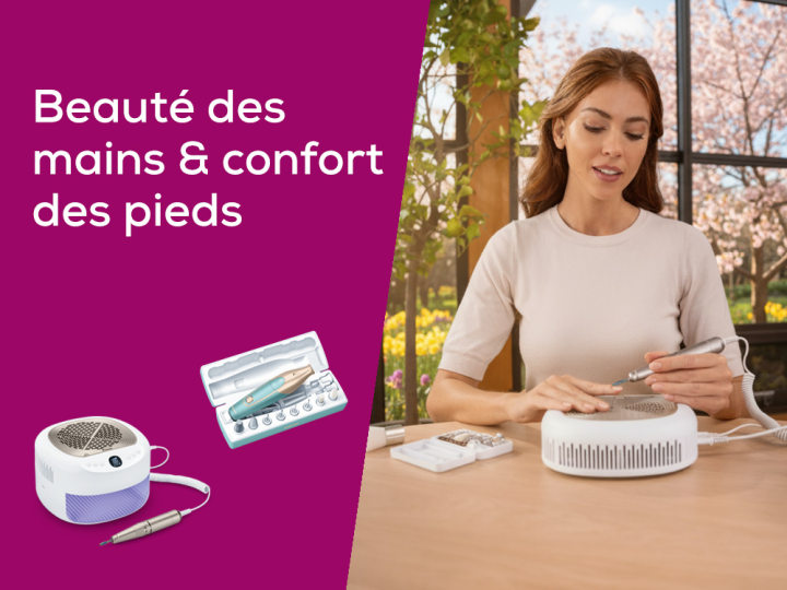 Page d'accueil Teaser "Sublimez votre look jusqu'au bout des doigts!" avec une photo du produits Beurer manucure et pédicure