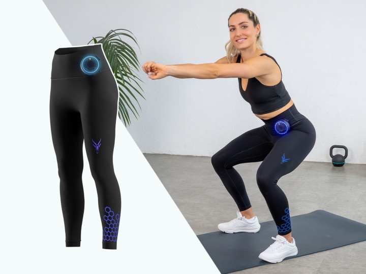 Eine Frau führt in der Evolution High Waist Leggings Kniebeugen in der Küche aus. Neben ihr sieht man die EMS Leggings als Freisteller.
