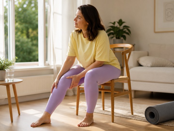 A woman is sitting on a chair in the living room, gently touching her heavy legs.