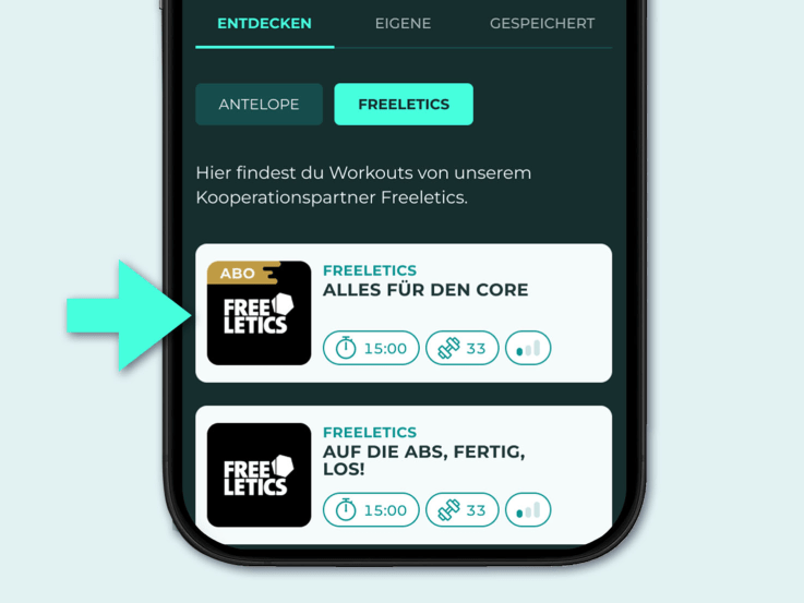 Close-Up der Antelope Go App. In der Workout-Übersicht sind die Abo Inhalte von Freeletics mit dem Wort „Abo“ markiert.